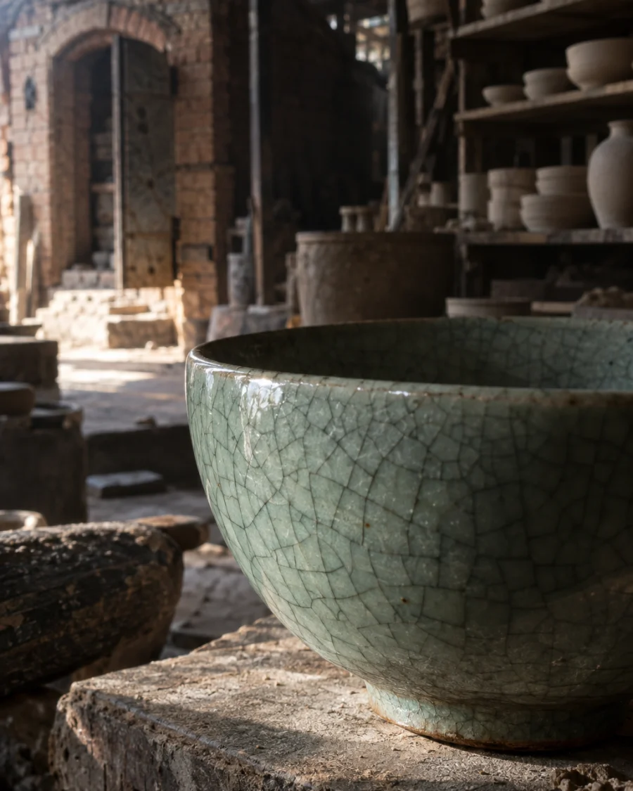 Celadon tea bowl, crackle glaze, macro of the crackle glaze, a web of fine dark lines in pale green, in a Bát Tràng pottery workshop, brick kiln door and shelves of bisque ware behind, sage greens and warm greys