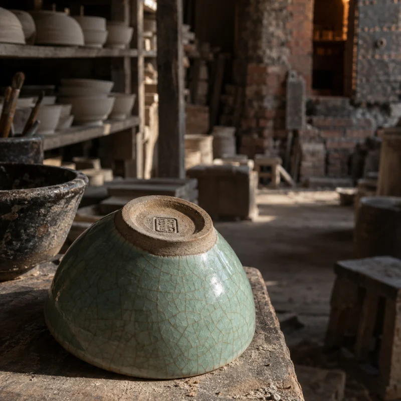 Celadon tea bowl, crackle glaze, the unglazed foot ring turned up to show the potter's pressed seal, in a Bát Tràng pottery workshop, brick kiln door and shelves of bisque ware behind, sage greens and warm greys