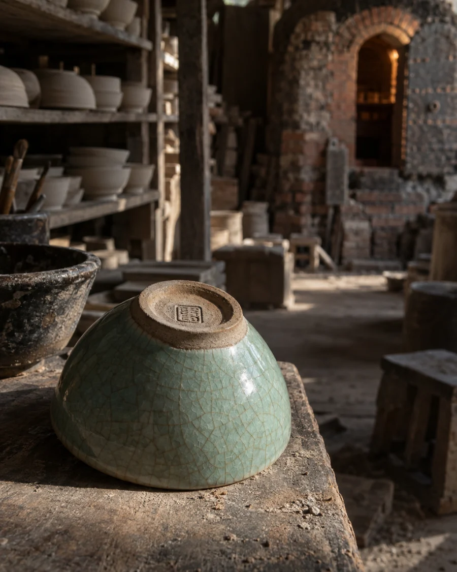 Celadon tea bowl, crackle glaze, the unglazed foot ring turned up to show the potter's pressed seal, in a Bát Tràng pottery workshop, brick kiln door and shelves of bisque ware behind, sage greens and warm greys