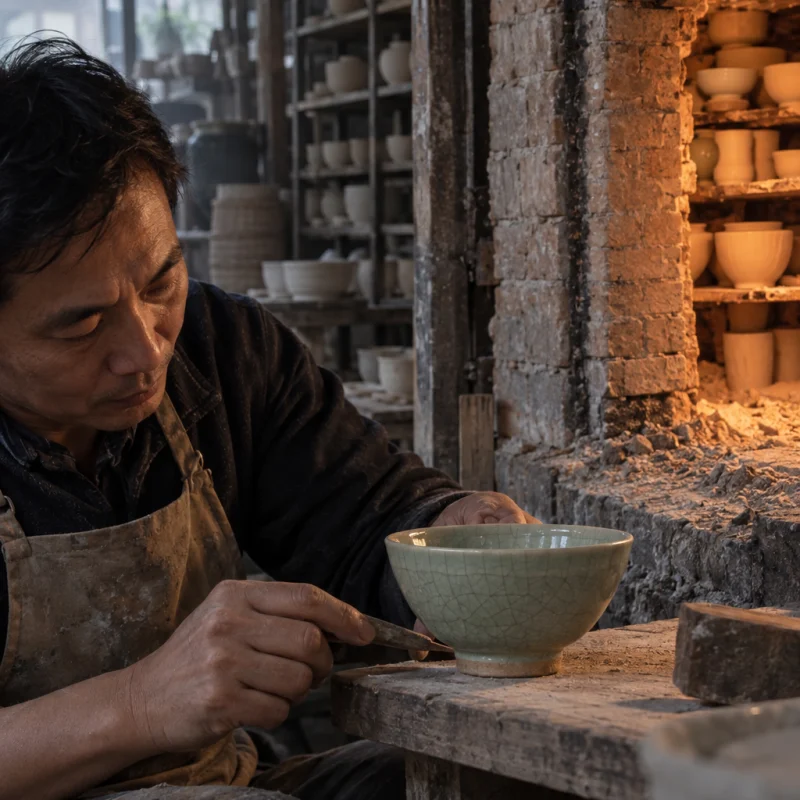 Celadon tea bowl, crackle glaze, the piece on a board by the open brick kiln door, ash and brick behind, in a Bát Tràng pottery workshop, brick kiln door and shelves of bisque ware behind, sage greens and warm greys