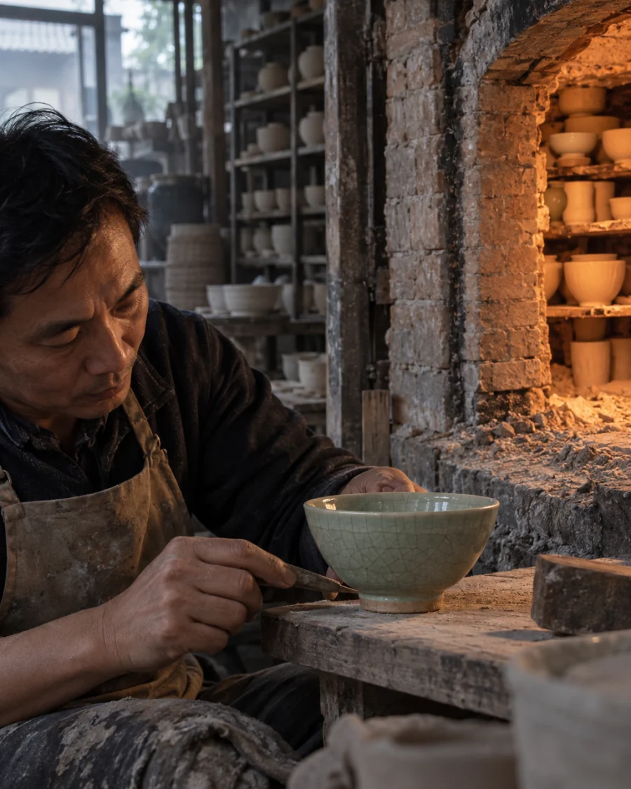Celadon tea bowl, crackle glaze, the piece on a board by the open brick kiln door, ash and brick behind, in a Bát Tràng pottery workshop, brick kiln door and shelves of bisque ware behind, sage greens and warm greys