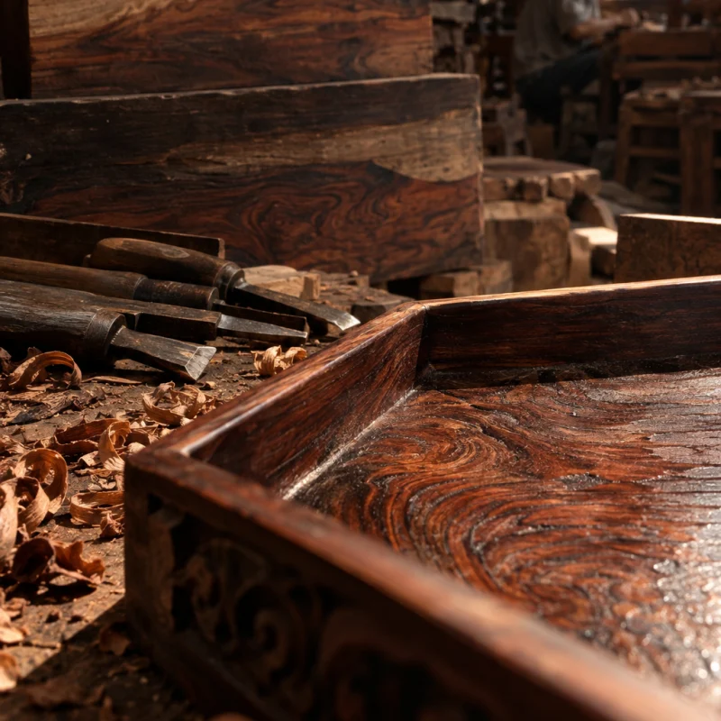 Desk tray, rosewood, macro of the rosewood grain under oil, in a Đồng Kỵ carving workshop, ironwood and rosewood planks, chisels and shavings, oiled dark grain, timber-yard light