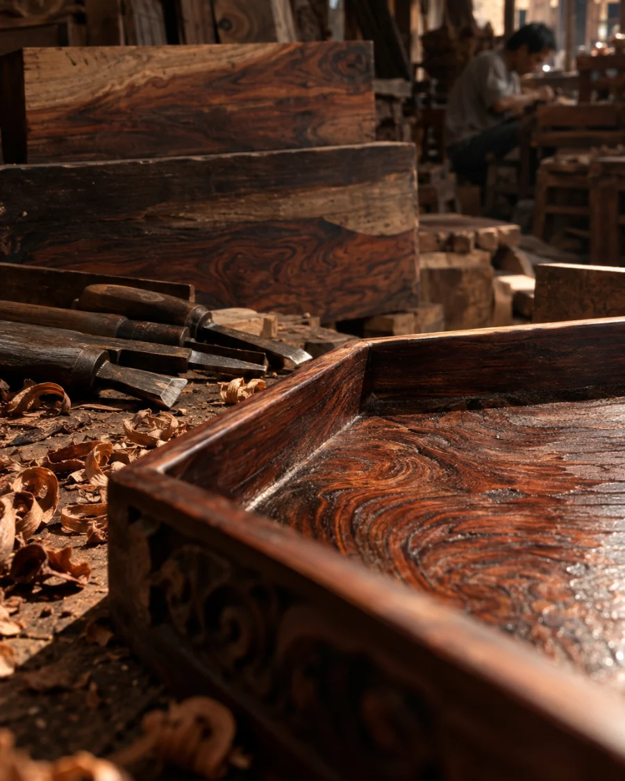 Desk tray, rosewood, macro of the rosewood grain under oil, in a Đồng Kỵ carving workshop, ironwood and rosewood planks, chisels and shavings, oiled dark grain, timber-yard light