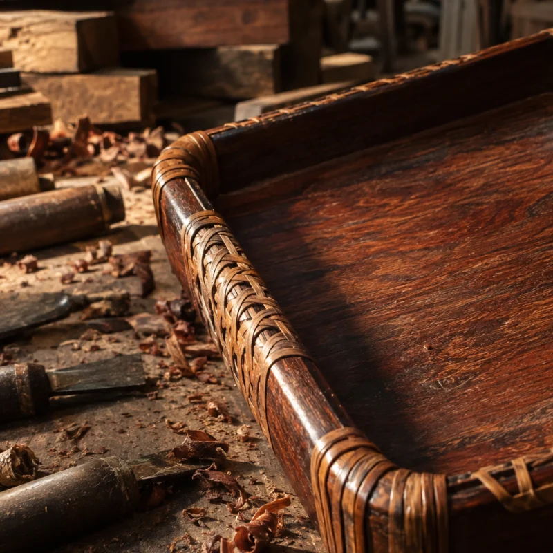 Desk tray, rosewood, close-up of the bound rim where cane wraps the frame, in a Đồng Kỵ carving workshop, ironwood and rosewood planks, chisels and shavings, oiled dark grain, timber-yard light