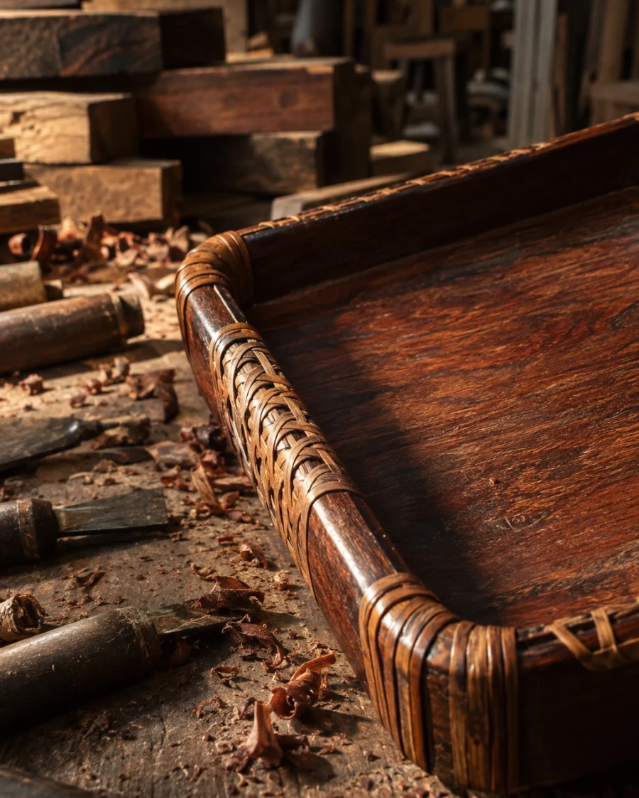 Desk tray, rosewood, close-up of the bound rim where cane wraps the frame, in a Đồng Kỵ carving workshop, ironwood and rosewood planks, chisels and shavings, oiled dark grain, timber-yard light