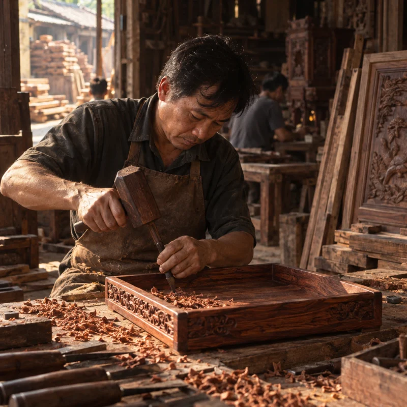 Desk tray, rosewood, the work seen in its wider workshop setting, tools and benches softly out of focus, in a Đồng Kỵ carving workshop, ironwood and rosewood planks, chisels and shavings, oiled dark grain, timber-yard light