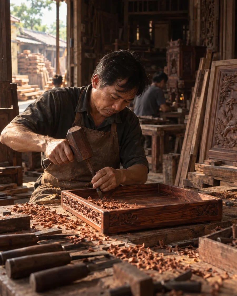 Desk tray, rosewood, the work seen in its wider workshop setting, tools and benches softly out of focus, in a Đồng Kỵ carving workshop, ironwood and rosewood planks, chisels and shavings, oiled dark grain, timber-yard light