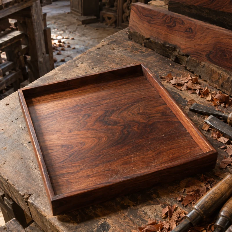 Desk tray, rosewood: A shallow rosewood desk tray with a raised rim and open figured grain, oil-and-wax finish, seen from above, in a Đồng Kỵ carving workshop, ironwood and rosewood planks, chisels and shavings, oiled dark grain, timber-yard light, by Đồng Kỵ workshop