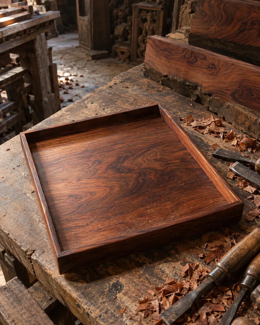Desk tray, rosewood: A shallow rosewood desk tray with a raised rim and open figured grain, oil-and-wax finish, seen from above, in a Đồng Kỵ carving workshop, ironwood and rosewood planks, chisels and shavings, oiled dark grain, timber-yard light, by Đồng Kỵ workshop