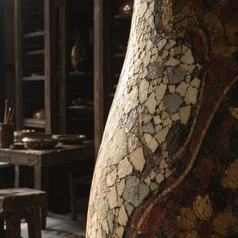 Eggshell vase, tall, macro of the duck-eggshell inlay, cream and grey fragments under clear lacquer, in the Hạ Thái lacquer workshop, dark wooden drying cabinets behind, palette of brown-black, cinnabar and dull gold