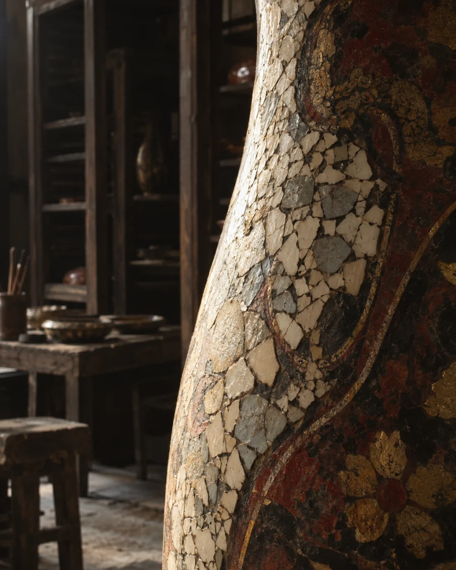 Eggshell vase, tall, macro of the duck-eggshell inlay, cream and grey fragments under clear lacquer, in the Hạ Thái lacquer workshop, dark wooden drying cabinets behind, palette of brown-black, cinnabar and dull gold