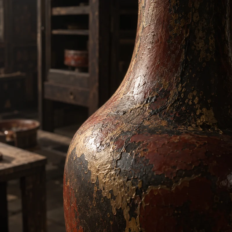 Eggshell vase, tall, close-up of the shoulder where the form turns, glaze pooling, in the Hạ Thái lacquer workshop, dark wooden drying cabinets behind, palette of brown-black, cinnabar and dull gold