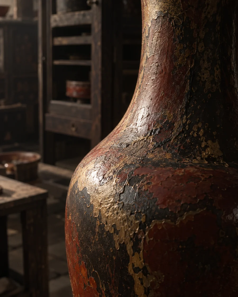 Eggshell vase, tall, close-up of the shoulder where the form turns, glaze pooling, in the Hạ Thái lacquer workshop, dark wooden drying cabinets behind, palette of brown-black, cinnabar and dull gold