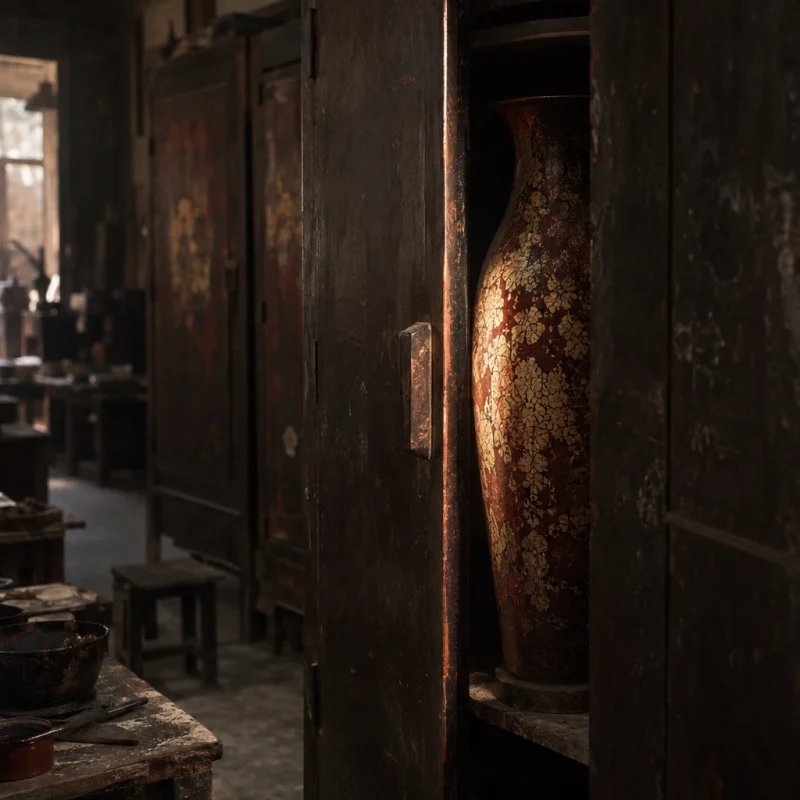 Eggshell vase, tall, the piece inside the dark wooden drying cabinet, door half open, in the Hạ Thái lacquer workshop, dark wooden drying cabinets behind, palette of brown-black, cinnabar and dull gold