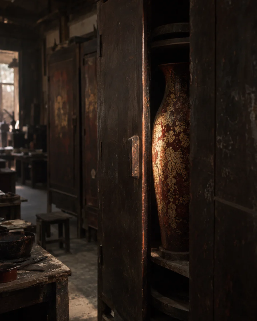 Eggshell vase, tall, the piece inside the dark wooden drying cabinet, door half open, in the Hạ Thái lacquer workshop, dark wooden drying cabinets behind, palette of brown-black, cinnabar and dull gold