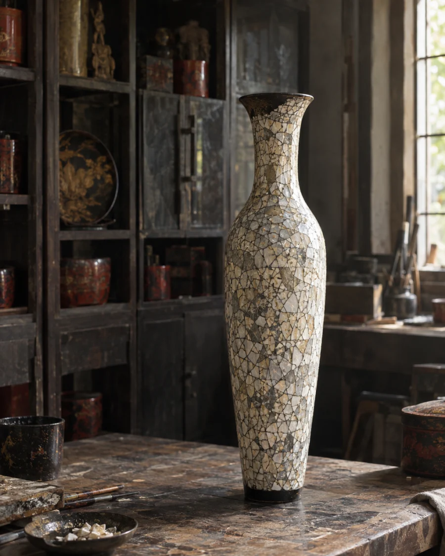 Eggshell vase, tall: A tall slender vase covered in crazed duck-eggshell inlay under clear lacquer, cream and grey mosaic, on turned jackfruit wood, in the Hạ Thái lacquer workshop, dark wooden drying cabinets behind, palette of brown-black, cinnabar and dull gold, by Đỗ Thị Hương