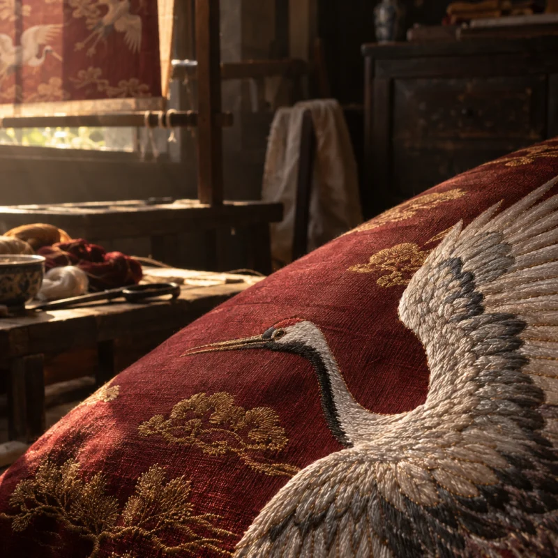 Cushion cover, embroidered cranes, macro of one embroidered crane, shaded white and grey stitches, in a Quất Động embroidery room, a wooden frame set in the window, mulberry silk, deep wine red and ochre, soft morning light