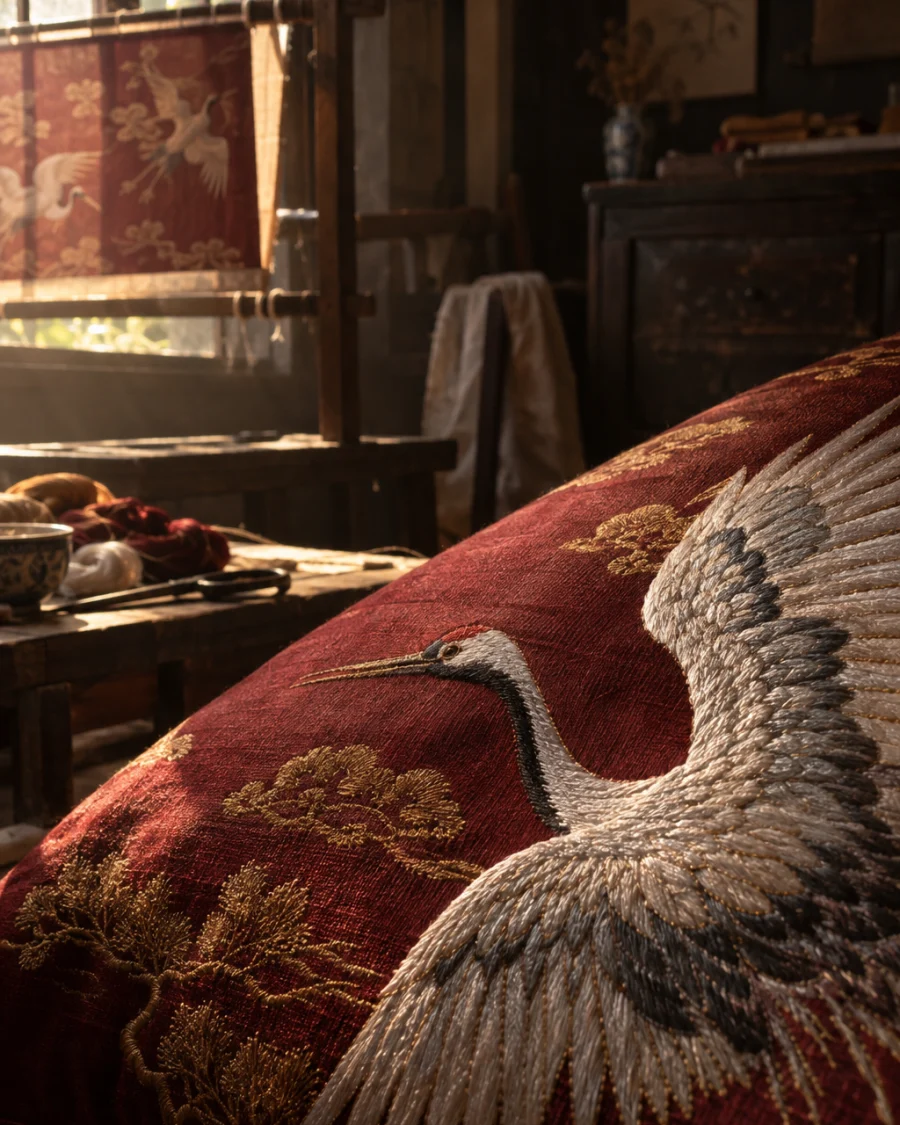 Cushion cover, embroidered cranes, macro of one embroidered crane, shaded white and grey stitches, in a Quất Động embroidery room, a wooden frame set in the window, mulberry silk, deep wine red and ochre, soft morning light