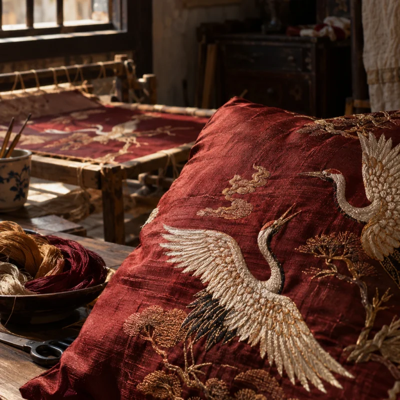 Cushion cover, embroidered cranes, close-up of the wine-red silk ground and its weave, in a Quất Động embroidery room, a wooden frame set in the window, mulberry silk, deep wine red and ochre, soft morning light