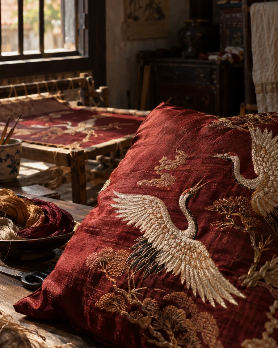 Cushion cover, embroidered cranes, close-up of the wine-red silk ground and its weave, in a Quất Động embroidery room, a wooden frame set in the window, mulberry silk, deep wine red and ochre, soft morning light