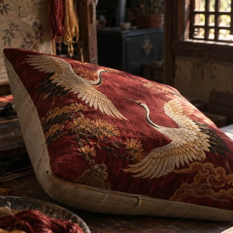 Cushion cover, embroidered cranes, the linen back of the cover, hidden zip, in a Quất Động embroidery room, a wooden frame set in the window, mulberry silk, deep wine red and ochre, soft morning light