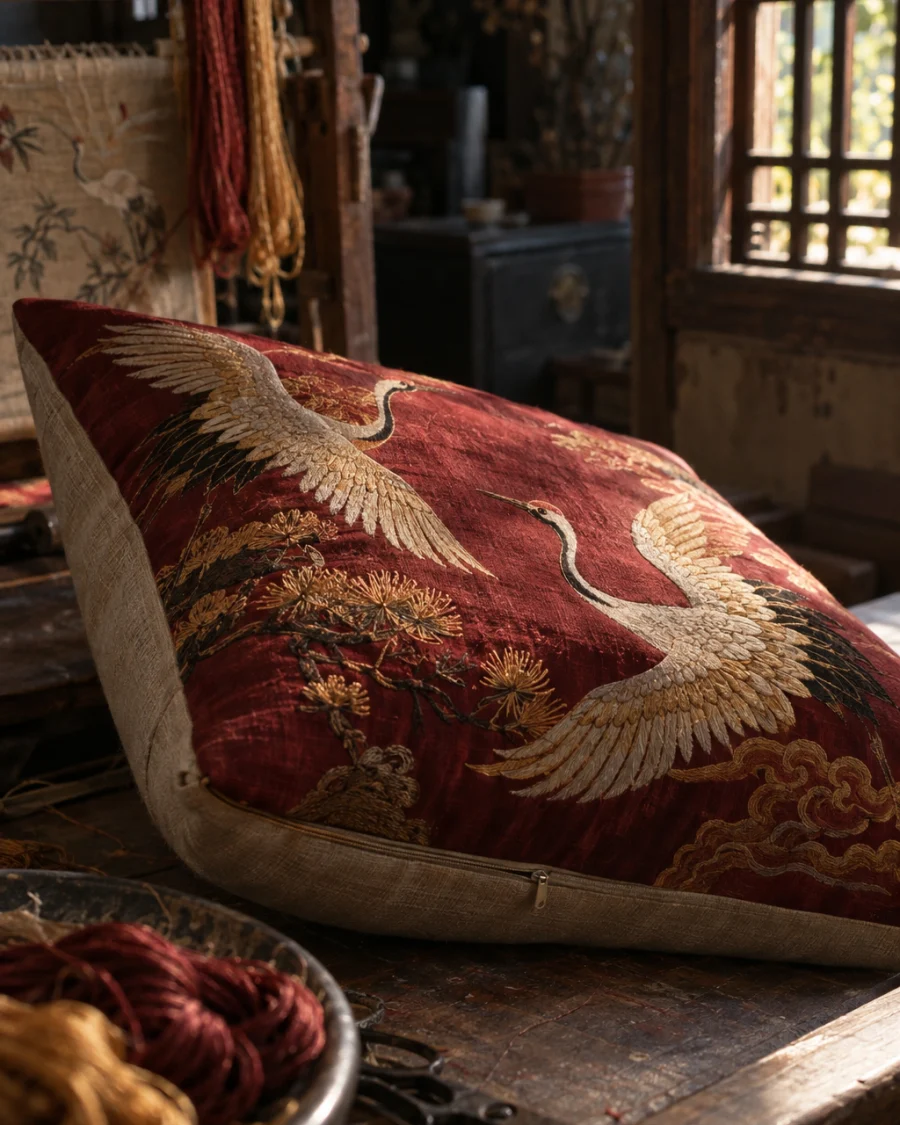 Cushion cover, embroidered cranes, the linen back of the cover, hidden zip, in a Quất Động embroidery room, a wooden frame set in the window, mulberry silk, deep wine red and ochre, soft morning light