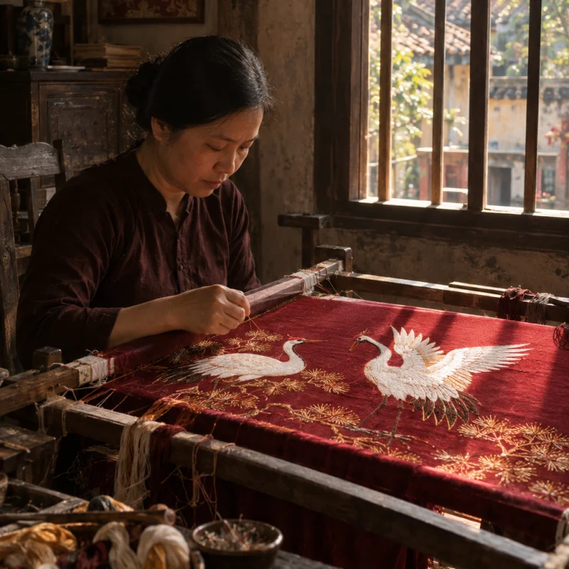 Cushion cover, embroidered cranes: A silk cushion cover hand-embroidered with two cranes in shaded thread on wine-red Vạn Phúc silk, still on the frame, in a Quất Động embroidery room, a wooden frame set in the window, mulberry silk, deep wine red and ochre, soft morning light, by Lê Thị Hoa