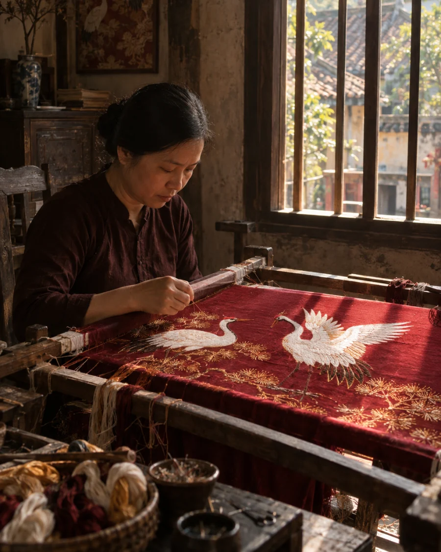 Cushion cover, embroidered cranes: A silk cushion cover hand-embroidered with two cranes in shaded thread on wine-red Vạn Phúc silk, still on the frame, in a Quất Động embroidery room, a wooden frame set in the window, mulberry silk, deep wine red and ochre, soft morning light, by Lê Thị Hoa