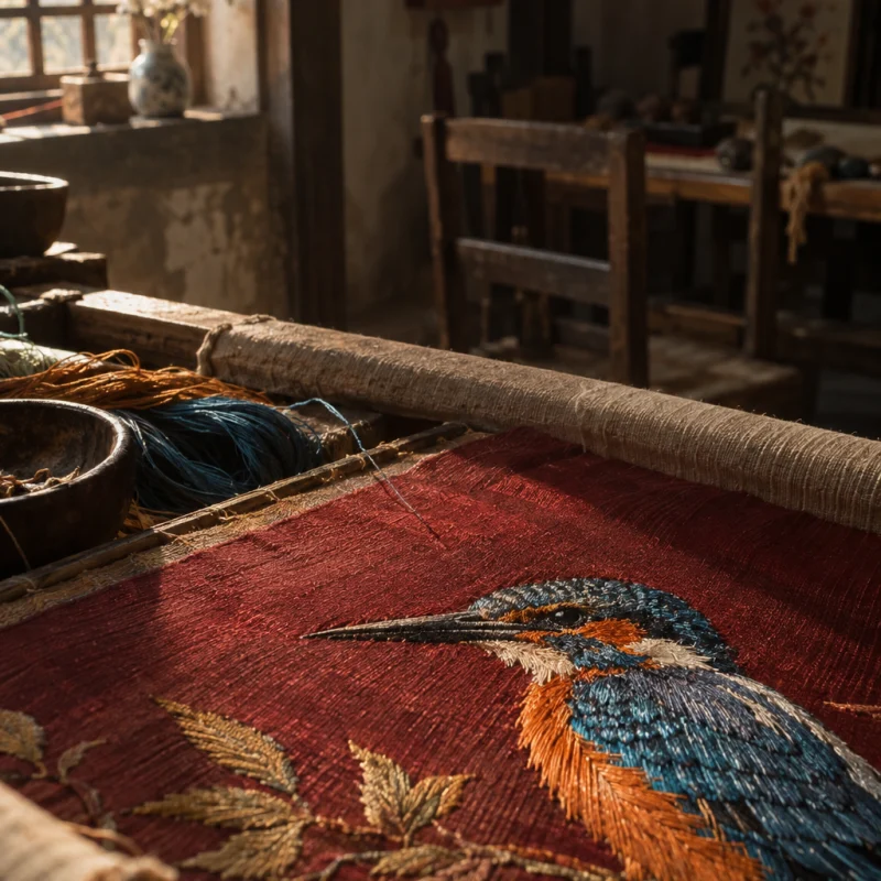 Small embroidered panel, kingfisher, macro of the embroidered kingfisher, blue and orange split silk, in a Quất Động embroidery room, a wooden frame set in the window, mulberry silk, deep wine red and ochre, soft morning light