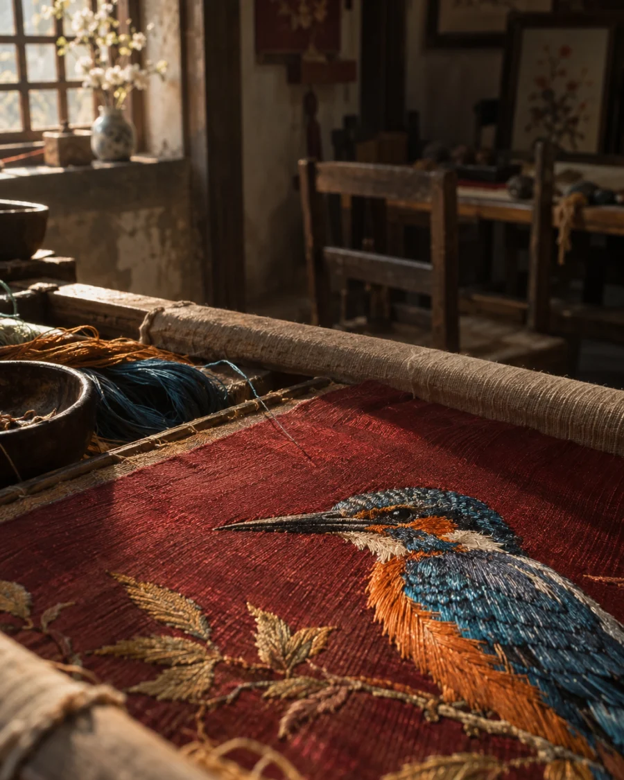 Small embroidered panel, kingfisher, macro of the embroidered kingfisher, blue and orange split silk, in a Quất Động embroidery room, a wooden frame set in the window, mulberry silk, deep wine red and ochre, soft morning light