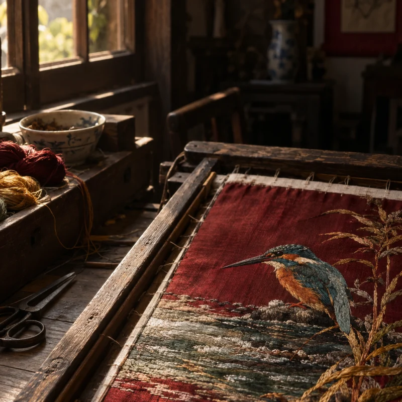 Small embroidered panel, kingfisher, close-up of water stitched in graded greys and greens, in a Quất Động embroidery room, a wooden frame set in the window, mulberry silk, deep wine red and ochre, soft morning light