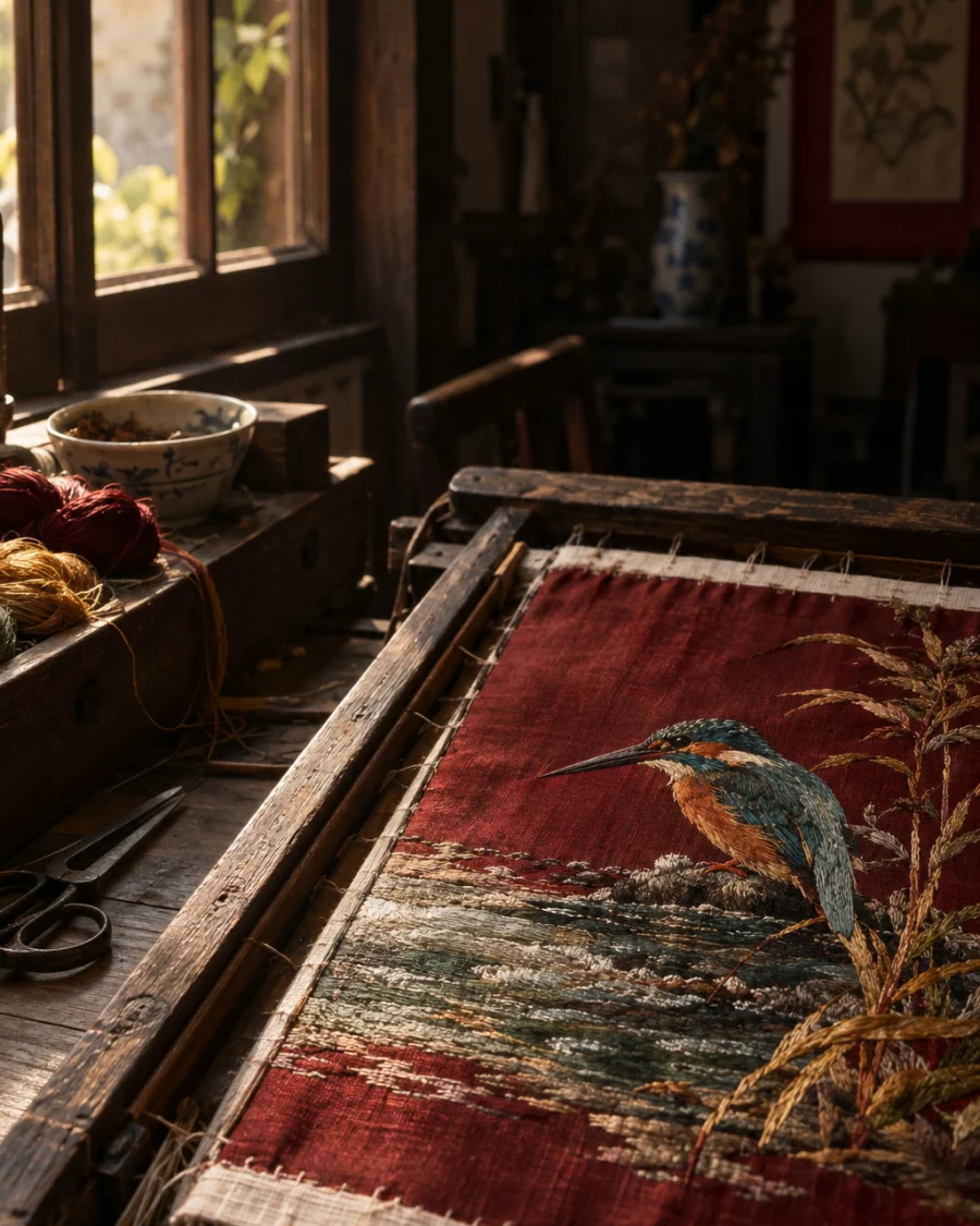 Small embroidered panel, kingfisher, close-up of water stitched in graded greys and greens, in a Quất Động embroidery room, a wooden frame set in the window, mulberry silk, deep wine red and ochre, soft morning light