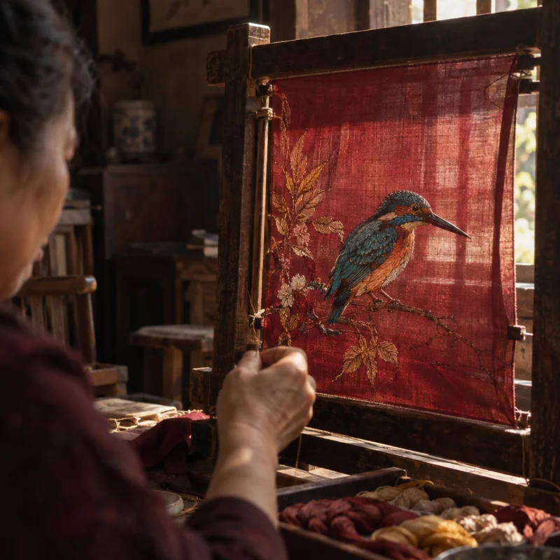 Small embroidered panel, kingfisher, the frame set against the window, the embroiderer's hand blurred at its edge, in a Quất Động embroidery room, a wooden frame set in the window, mulberry silk, deep wine red and ochre, soft morning light