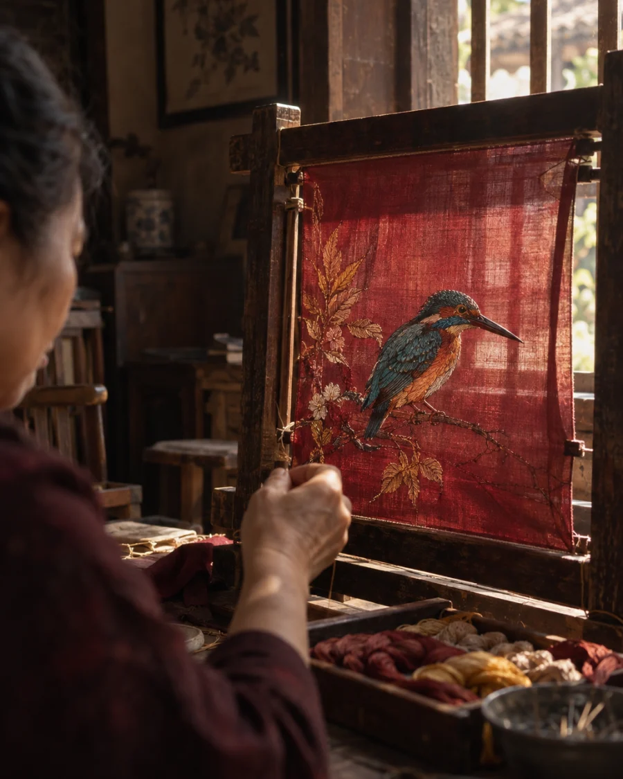 Small embroidered panel, kingfisher, the frame set against the window, the embroiderer's hand blurred at its edge, in a Quất Động embroidery room, a wooden frame set in the window, mulberry silk, deep wine red and ochre, soft morning light