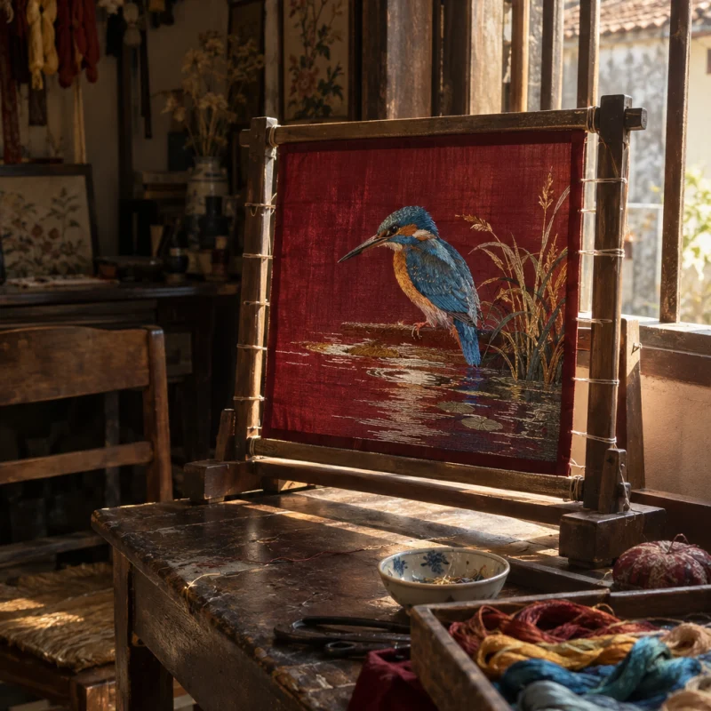 Small embroidered panel, kingfisher: A hand-embroidered silk panel of a kingfisher over shaded water, silk thread on hand-loomed silk, stretched on its frame by a window, in a Quất Động embroidery room, a wooden frame set in the window, mulberry silk, deep wine red and ochre, soft morning light, by Lê Thị Hoa