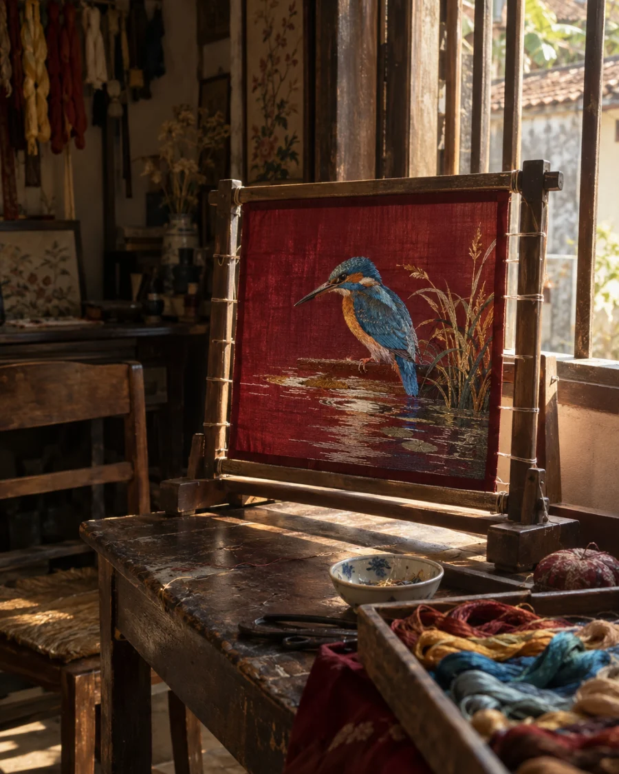 Small embroidered panel, kingfisher: A hand-embroidered silk panel of a kingfisher over shaded water, silk thread on hand-loomed silk, stretched on its frame by a window, in a Quất Động embroidery room, a wooden frame set in the window, mulberry silk, deep wine red and ochre, soft morning light, by Lê Thị Hoa