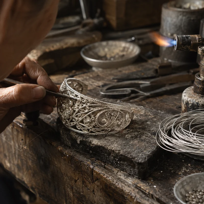 Filigree cuff, silver, macro of the twisted silver thread, each strand drawn and flattened by hand, at a Định Công silversmith's bench, worn wood, fine silver wire and a small torch flame, warm grey and silver tones
