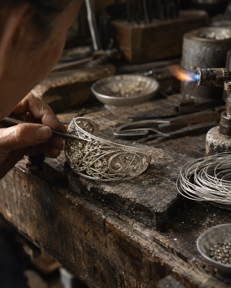 Filigree cuff, silver, macro of the twisted silver thread, each strand drawn and flattened by hand, at a Định Công silversmith's bench, worn wood, fine silver wire and a small torch flame, warm grey and silver tones