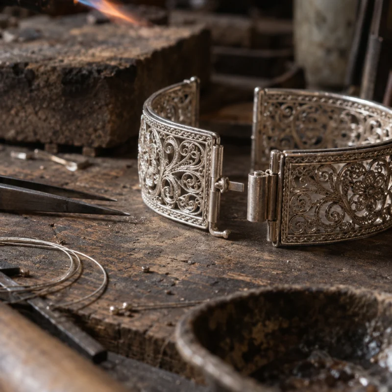 Filigree cuff, silver, close-up of the hand-made clasp, open, at a Định Công silversmith's bench, worn wood, fine silver wire and a small torch flame, warm grey and silver tones