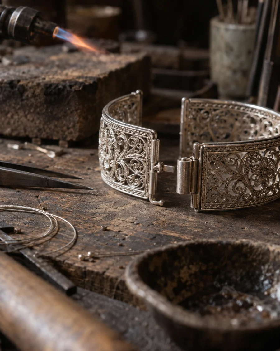 Filigree cuff, silver, close-up of the hand-made clasp, open, at a Định Công silversmith's bench, worn wood, fine silver wire and a small torch flame, warm grey and silver tones