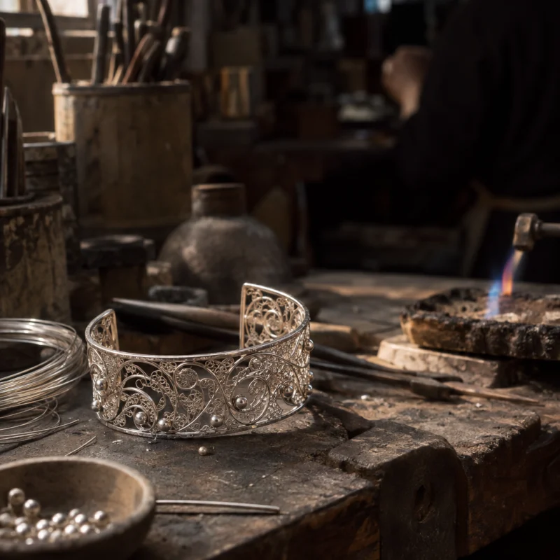 Filigree cuff, silver: A sterling-silver filigree cuff, hand-drawn wire twisted into open lace and finished with tiny silver beads, lying on the jeweller's bench, at a Định Công silversmith's bench, worn wood, fine silver wire and a small torch flame, warm grey and silver tones, by Đinh Văn Hùng