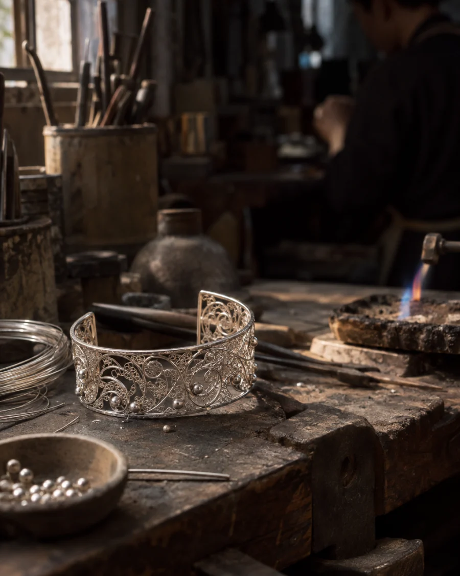 Filigree cuff, silver: A sterling-silver filigree cuff, hand-drawn wire twisted into open lace and finished with tiny silver beads, lying on the jeweller's bench, at a Định Công silversmith's bench, worn wood, fine silver wire and a small torch flame, warm grey and silver tones, by Đinh Văn Hùng