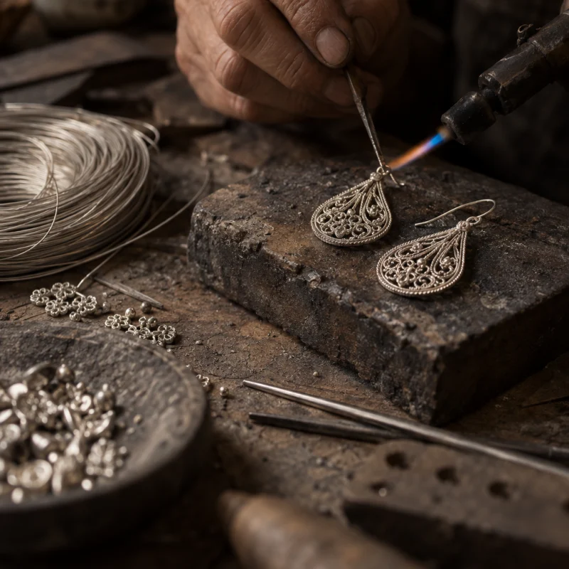 Filigree drop earrings, macro of the twisted silver thread, each strand drawn and flattened by hand, at a Định Công silversmith's bench, worn wood, fine silver wire and a small torch flame, warm grey and silver tones