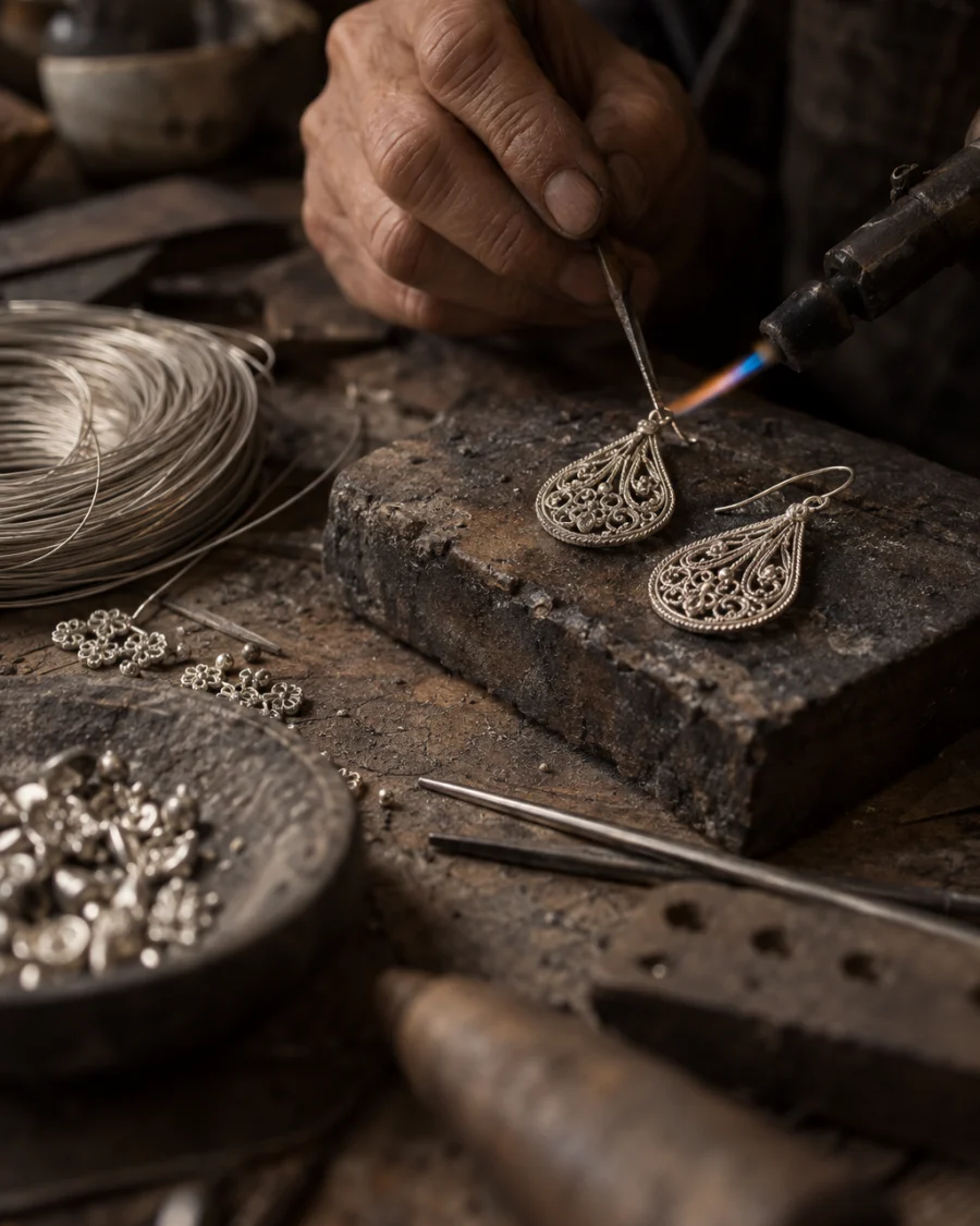 Filigree drop earrings, macro of the twisted silver thread, each strand drawn and flattened by hand, at a Định Công silversmith's bench, worn wood, fine silver wire and a small torch flame, warm grey and silver tones