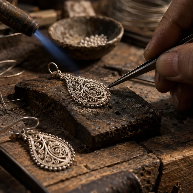 Filigree drop earrings, macro of the tiny silver beads soldered along the filigree edges, at a Định Công silversmith's bench, worn wood, fine silver wire and a small torch flame, warm grey and silver tones