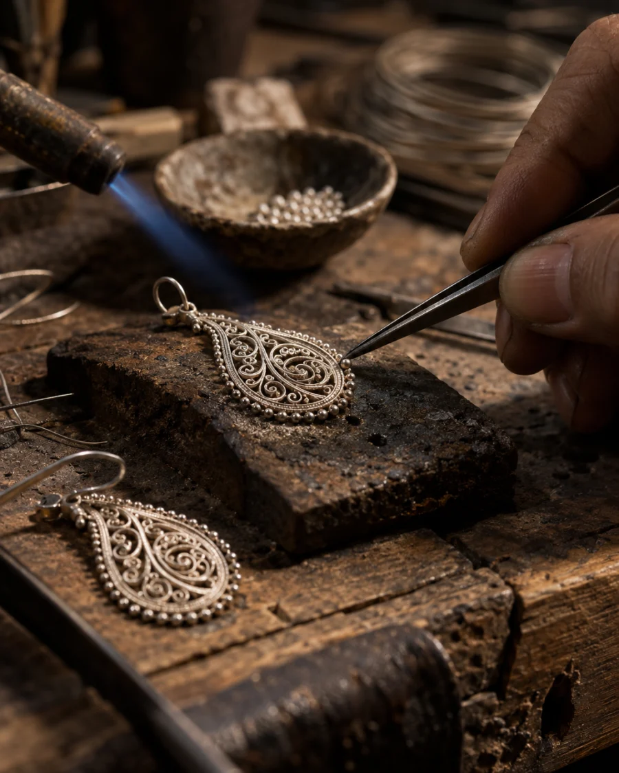 Filigree drop earrings, macro of the tiny silver beads soldered along the filigree edges, at a Định Công silversmith's bench, worn wood, fine silver wire and a small torch flame, warm grey and silver tones