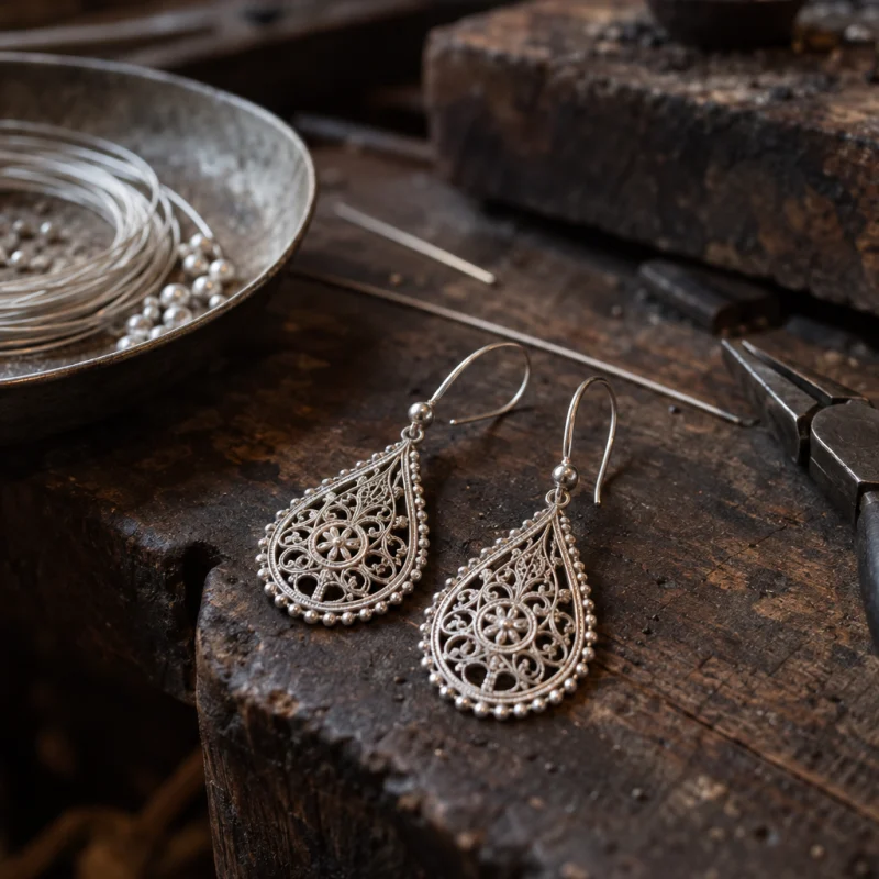 Filigree drop earrings: A pair of sterling-silver filigree drop earrings, teardrop lace of twisted wire with bead edges, laid on dark worn wood, at a Định Công silversmith's bench, worn wood, fine silver wire and a small torch flame, warm grey and silver tones, by Đinh Văn Hùng
