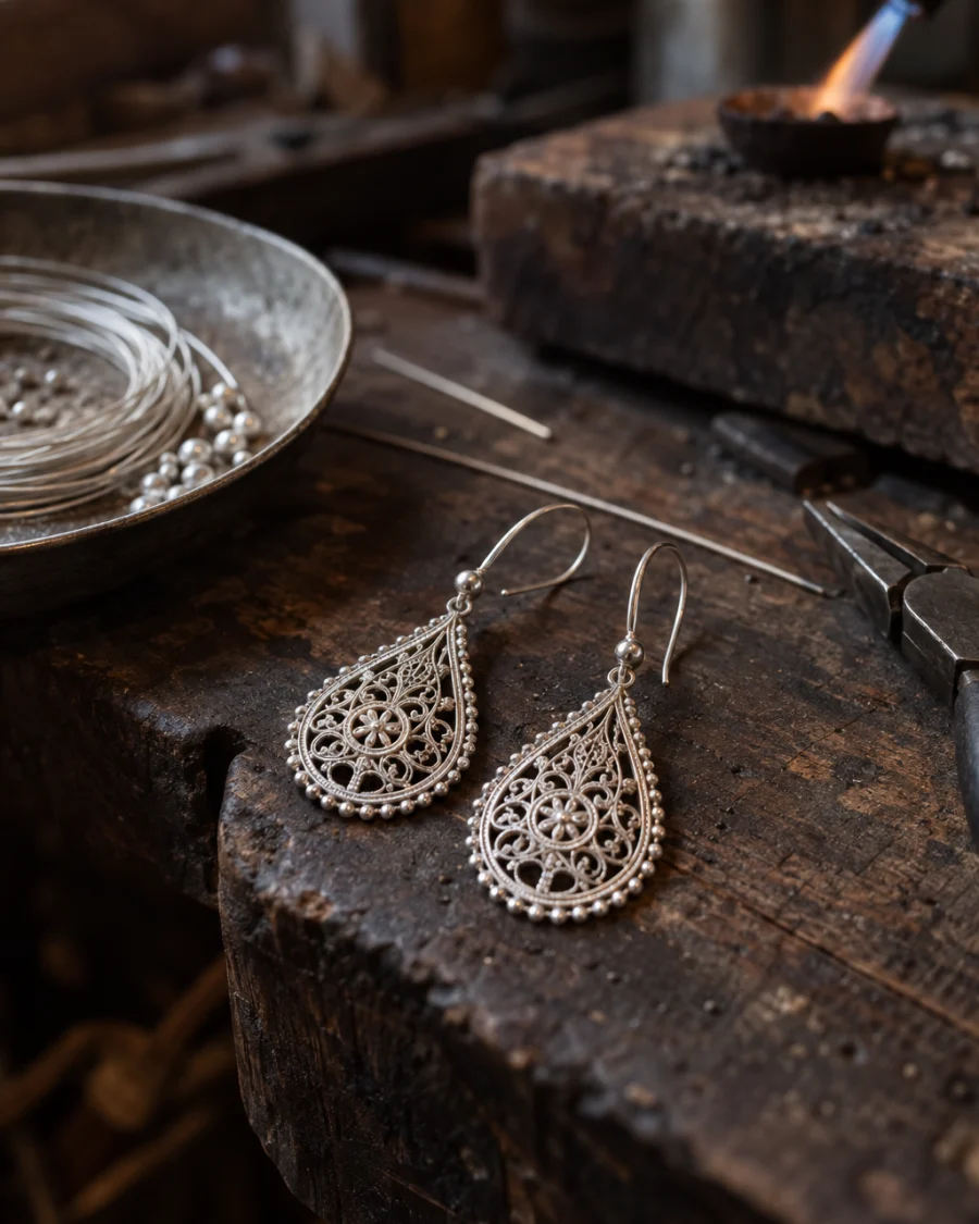 Filigree drop earrings: A pair of sterling-silver filigree drop earrings, teardrop lace of twisted wire with bead edges, laid on dark worn wood, at a Định Công silversmith's bench, worn wood, fine silver wire and a small torch flame, warm grey and silver tones, by Đinh Văn Hùng