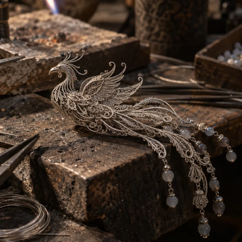 Filigree hairpin, phoenix, macro of the filigree phoenix, bead feathers, at a Định Công silversmith's bench, worn wood, fine silver wire and a small torch flame, warm grey and silver tones