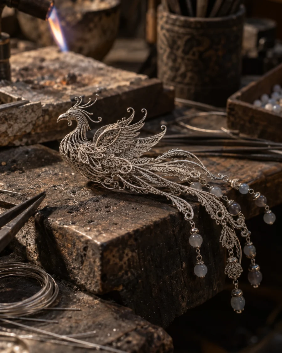 Filigree hairpin, phoenix, macro of the filigree phoenix, bead feathers, at a Định Công silversmith's bench, worn wood, fine silver wire and a small torch flame, warm grey and silver tones